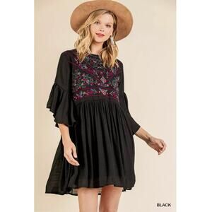 Umgee Boho Floral Embroidered Flutter‎ Sleeve Flowy Dress Black Festival Small